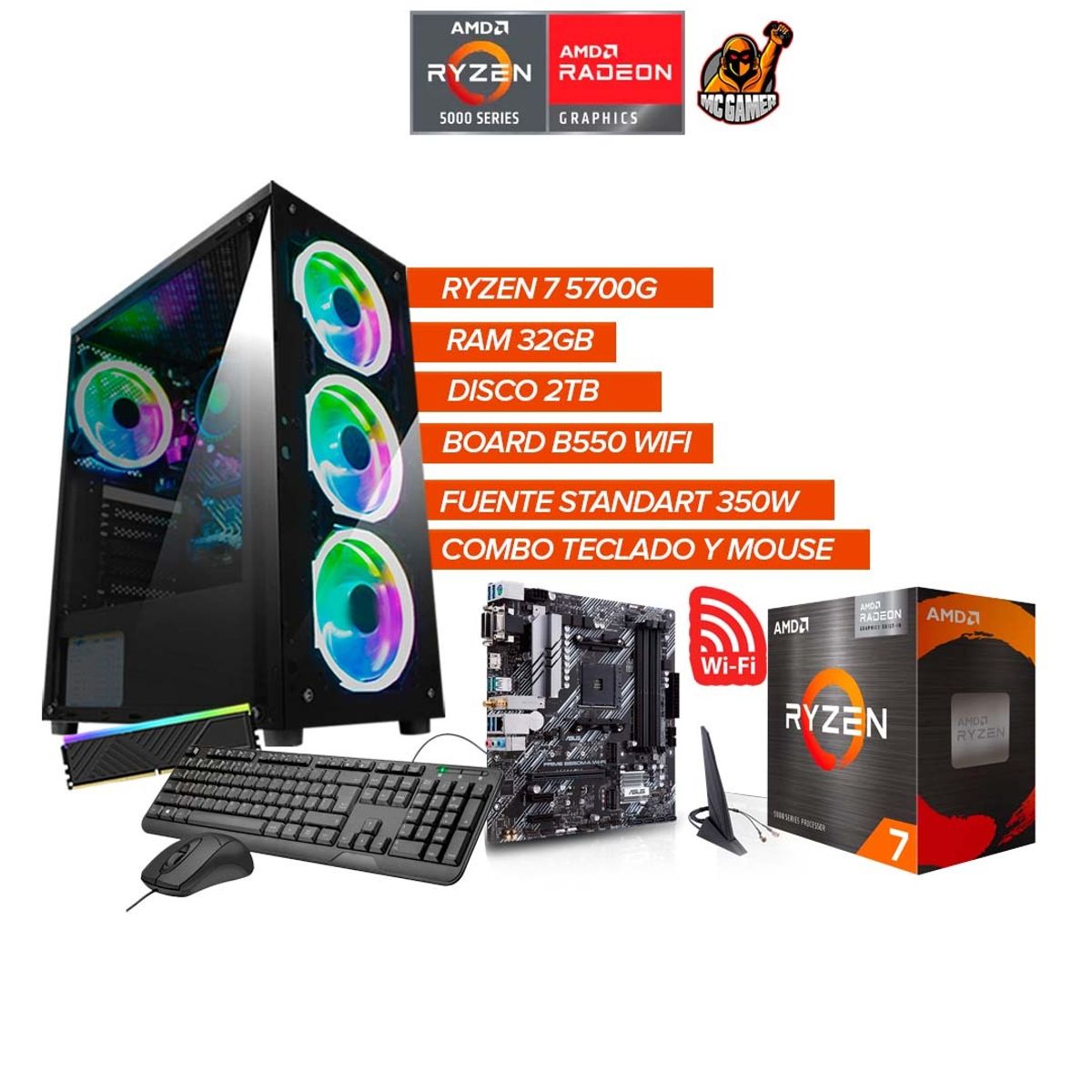 AMD - PC GAMER RYZEN 7 5700G / 32GB RAM / 2TB / BOARD B550 WIFI