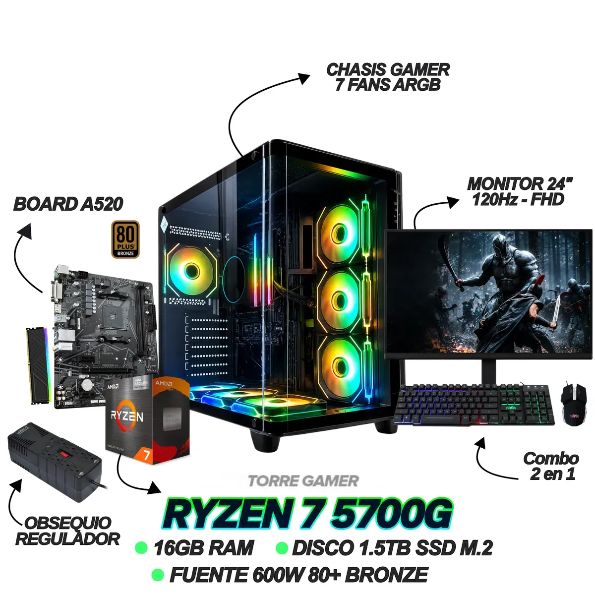AMD - PC GAMER RYZEN 7 5700G - RAM 16GB - 1.5TB SSD - 7 FANS - MONITOR 24" FHD 120Hz / COMBO GAMER