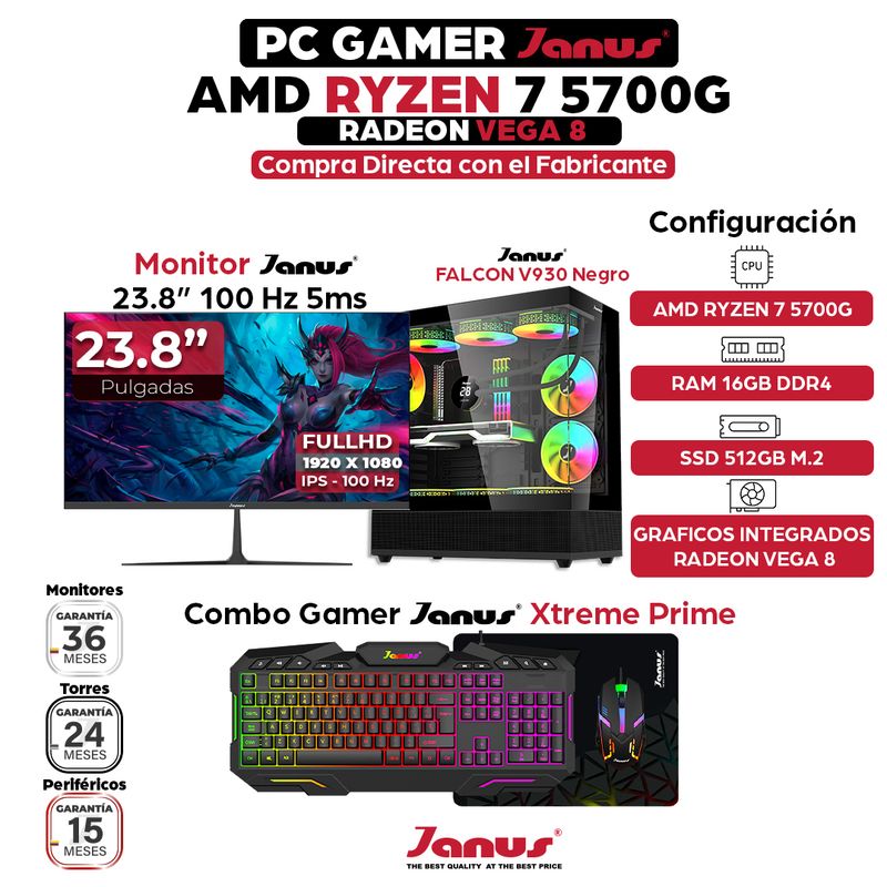 JANUS - Computador Gamer Ryzen 7 5700G RAM 16GB SSD 512GB Monitor 24 Pulgadas 100Hz