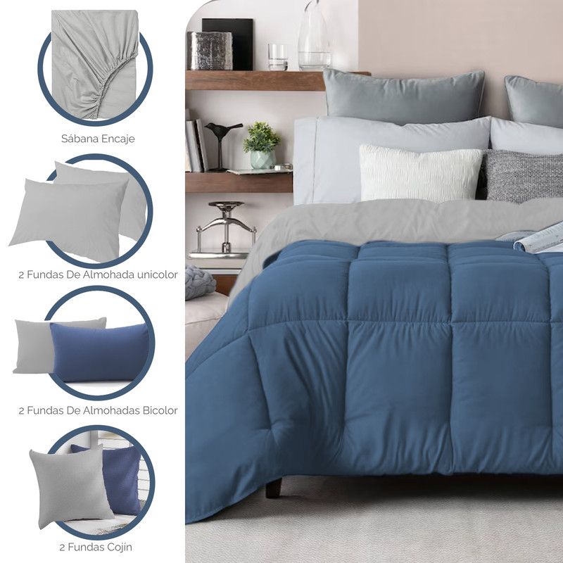 MY HOME STORE - Combo Edredón Cover Bicolor Azul Oscuro - Gris Claro K