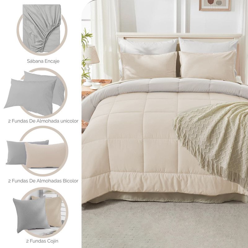 MY HOME STORE - Combo Edredón Cover Bicolor Beige - Gris Claro K