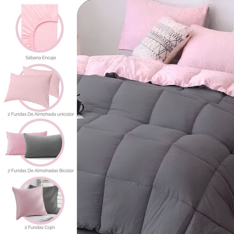 MY HOME STORE - Combo Edredón Cover Bicolor Rosado - Gris Oscuro K