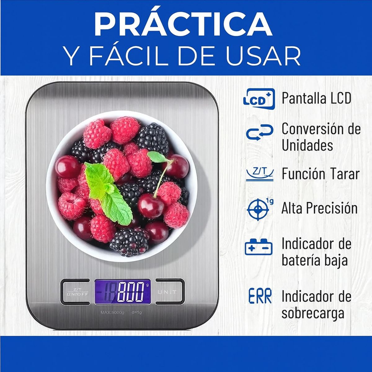 ONE PIXEL - Balanza Bascula Gramera Digital Pesa de Cocina Para Alimentos 5 kg