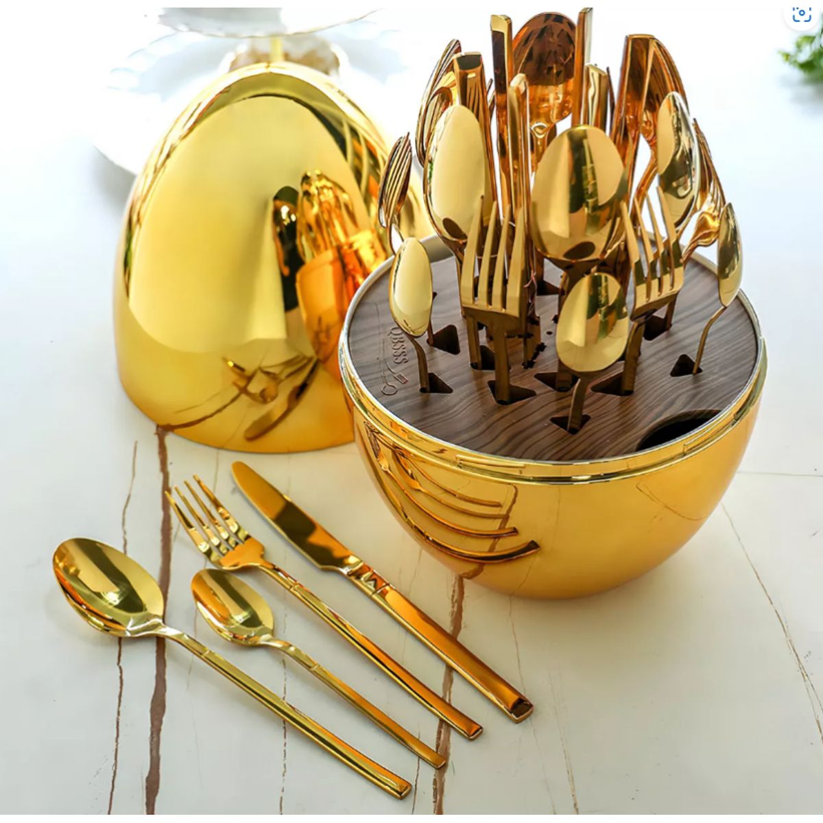 GENERICO - Juego De Cubiertos 24pcs Acero Inoxidable Estuche Huevo Color Dorado