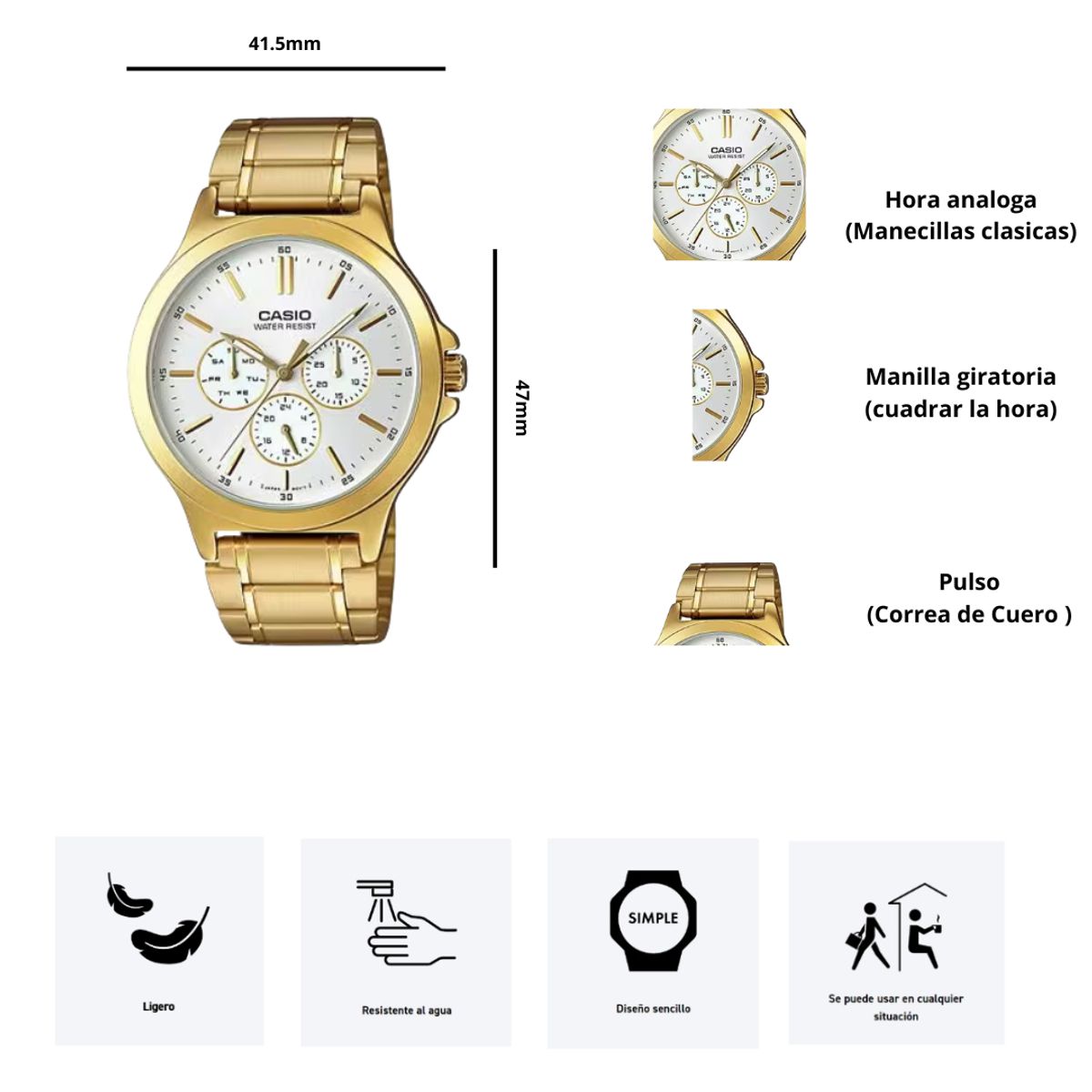 CASIO - Reloj Casio MTP-V300G-7A Diseño Sencillo