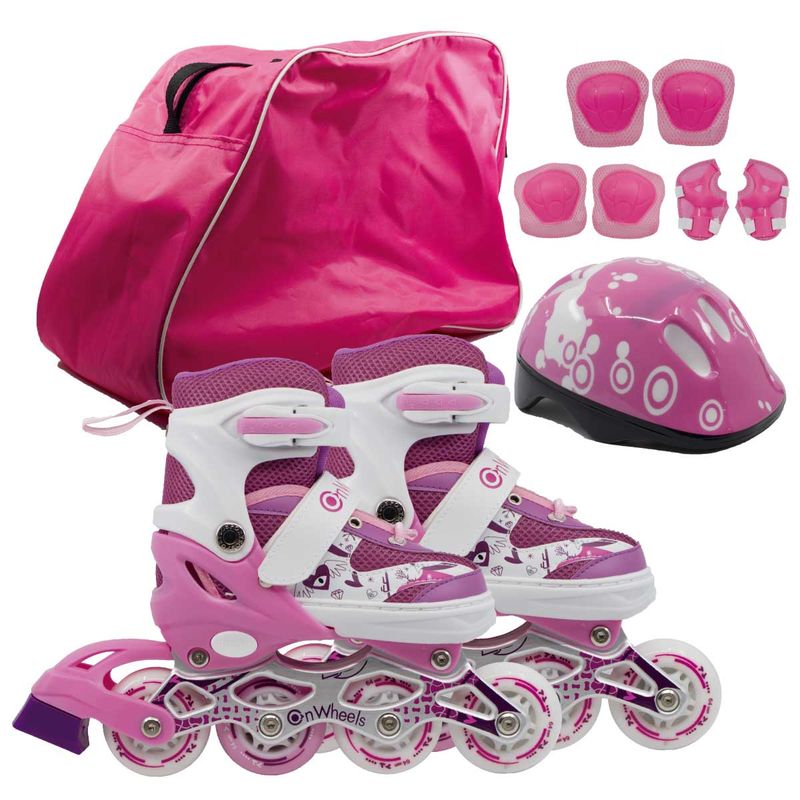 ONWHEELS - Combo de Patines + Kit de Protección + Casco Rosado talla S