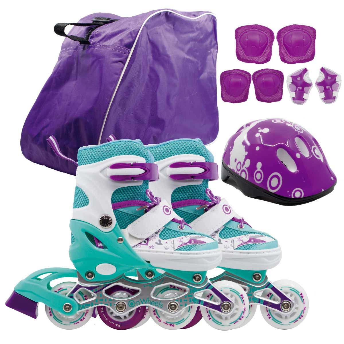 ONWHEELS - Combo de Patines + Kit de Protección + Casco Verde talla M  (34-37)