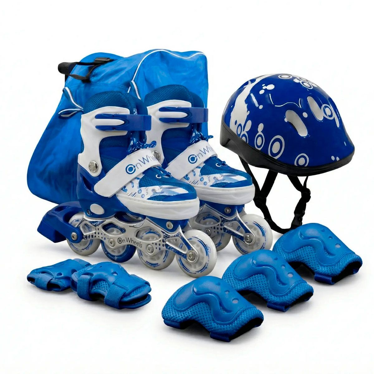 ONWHEELS - Combo de Patines + Kit de Protección + Casco Azul talla M 34-37