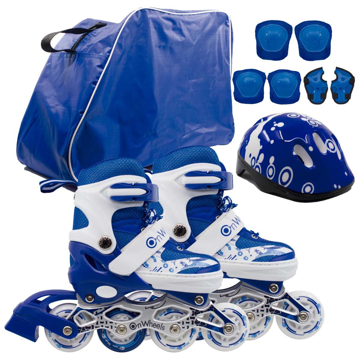 ONWHEELS - Combo de Patines + Kit de Protección + Casco Azul talla M 34-37