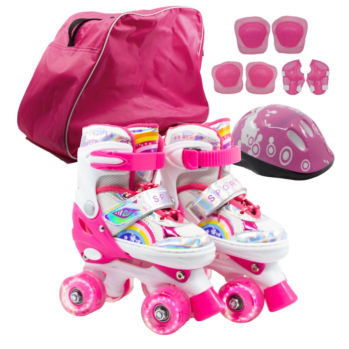 ONWHEELS - Combo infantil Patines Ajustables con llantas de luz Rosado talla M  34-37