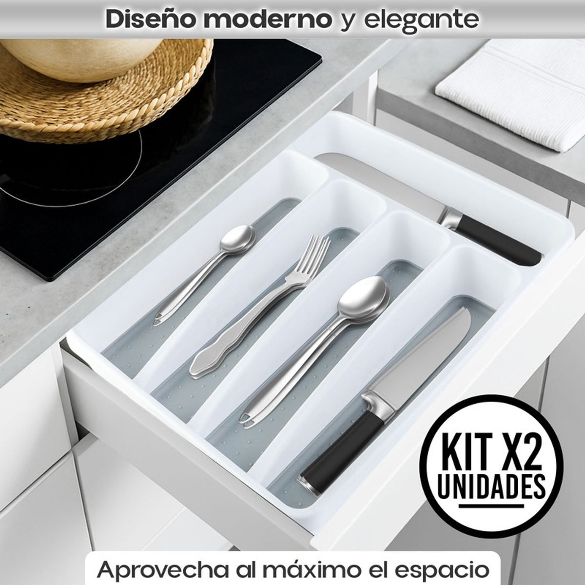 CHEF MASTER - Set x2 Cubiertero 5 Divisiones Cajón Cocina Antideslizante