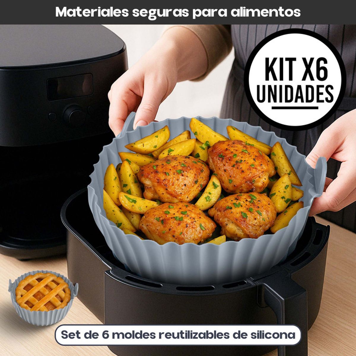 CHEF MASTER - Kit x 6 Moldes Silicona para Freidora de Aire Reutilizables Gris