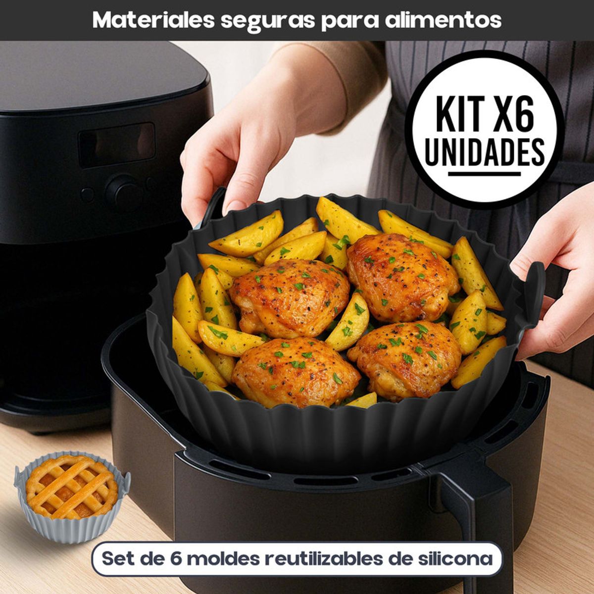 CHEF MASTER - Kit x 6 Moldes Silicona para Freidora de Aire Reutilizables Negro