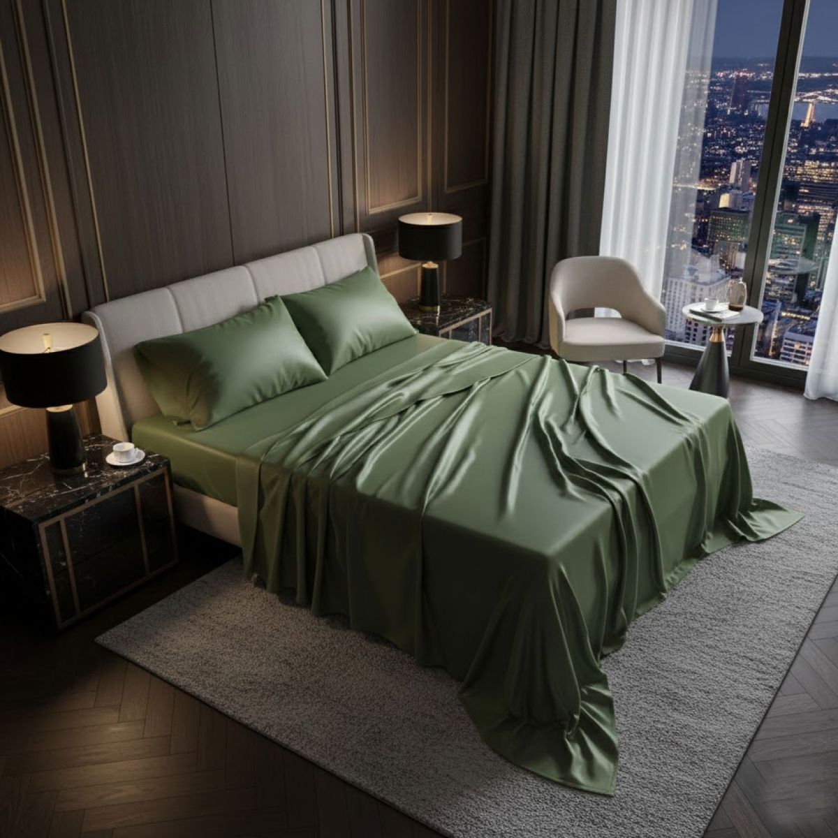 MY HOME STORE - Juego de sábanas de Bambú Verde Oliva 400 hilos