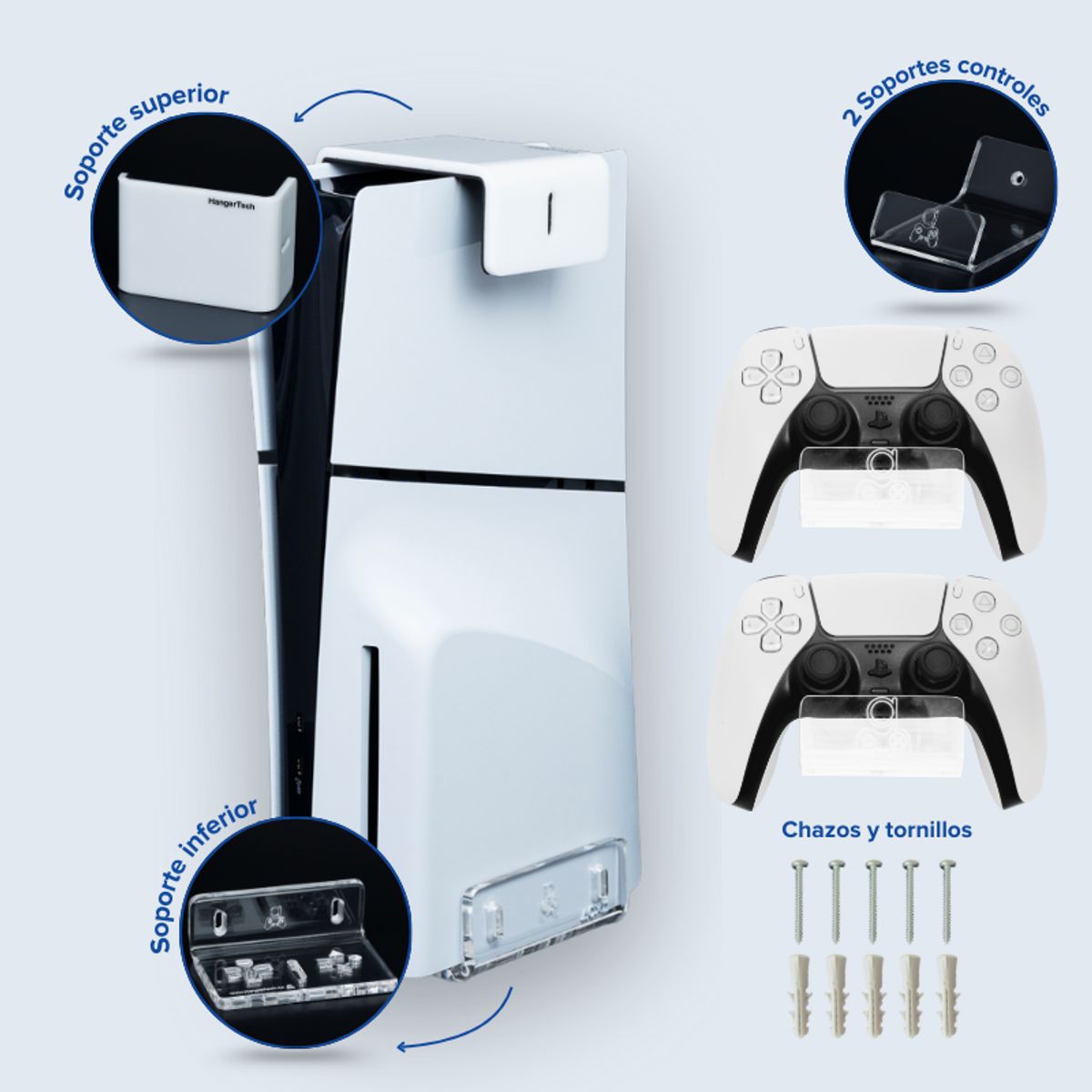 HANGERTECH - Combo soporte de pared PS5 PlayStation 5 Slim con lector de Disco.