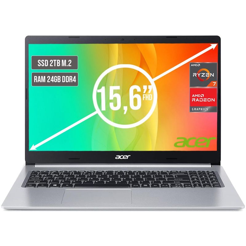 ACER - PORTATIL ACER ASPIRE AMD RYZEN 7 5700U SSD 2TB RAM 24GB LED LED 15,6"