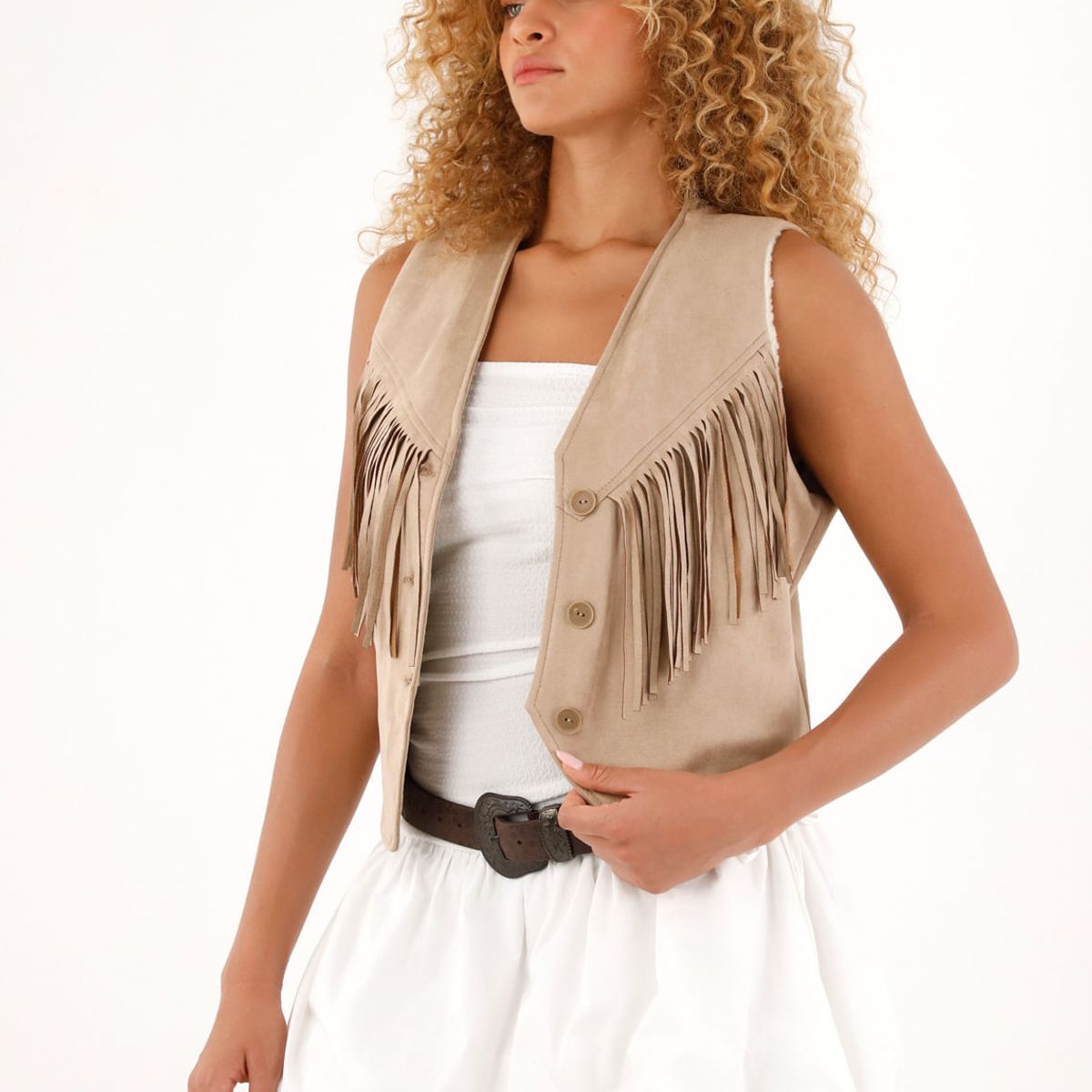 TENNIS - Chaleco en suede con flecos y ovejero para mujer