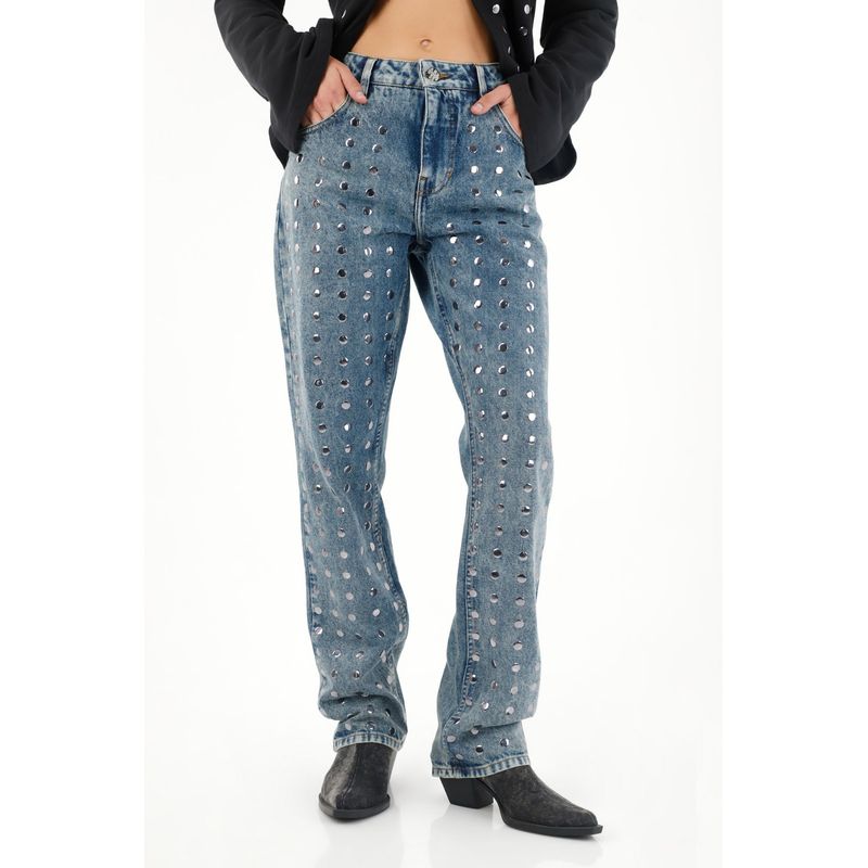 TENNIS - Jean Recto de tiro medio con apliques de brillo para mujer