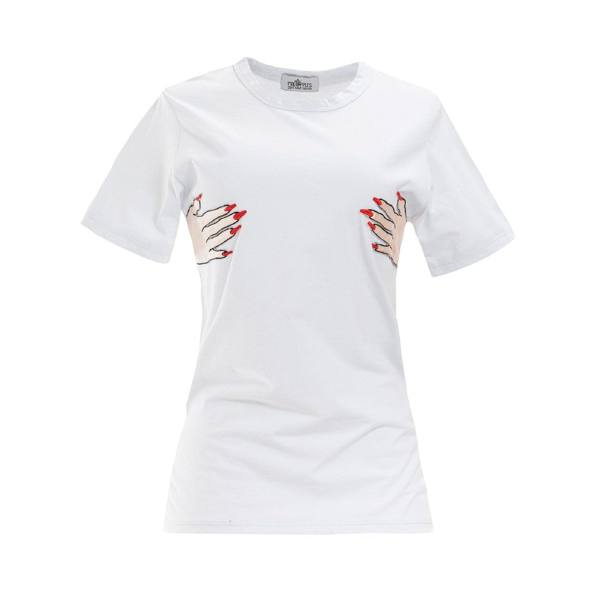 PINEAPPLES DON'T HAVE SLEEVES - Camiseta Blanca Con Bordado de Manos Pineapples