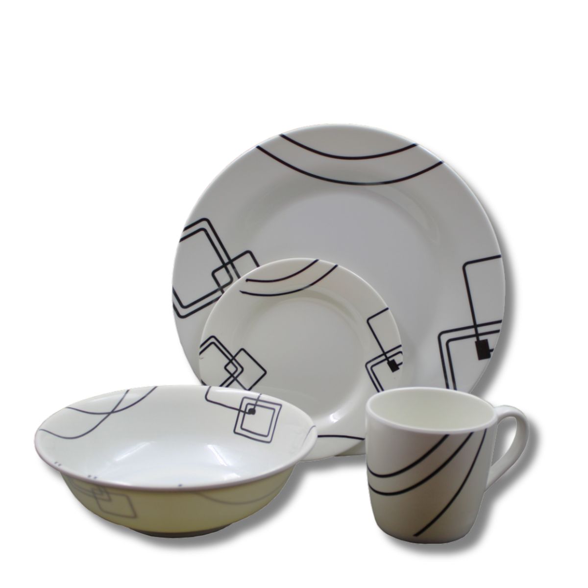 KW - Vajilla 16 Piezas Melamina Blanca Líneas Negras Clásica Redonda