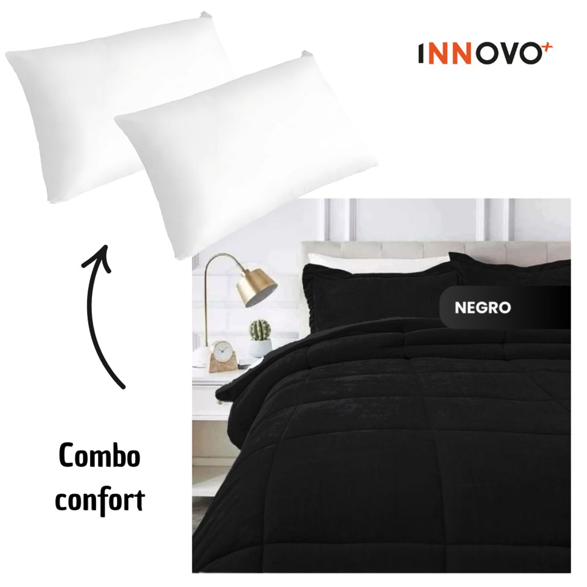 INNOVA - Combo Cubrelecho Térmico Ovejero Doble Funda Negro + 2 Almohadas