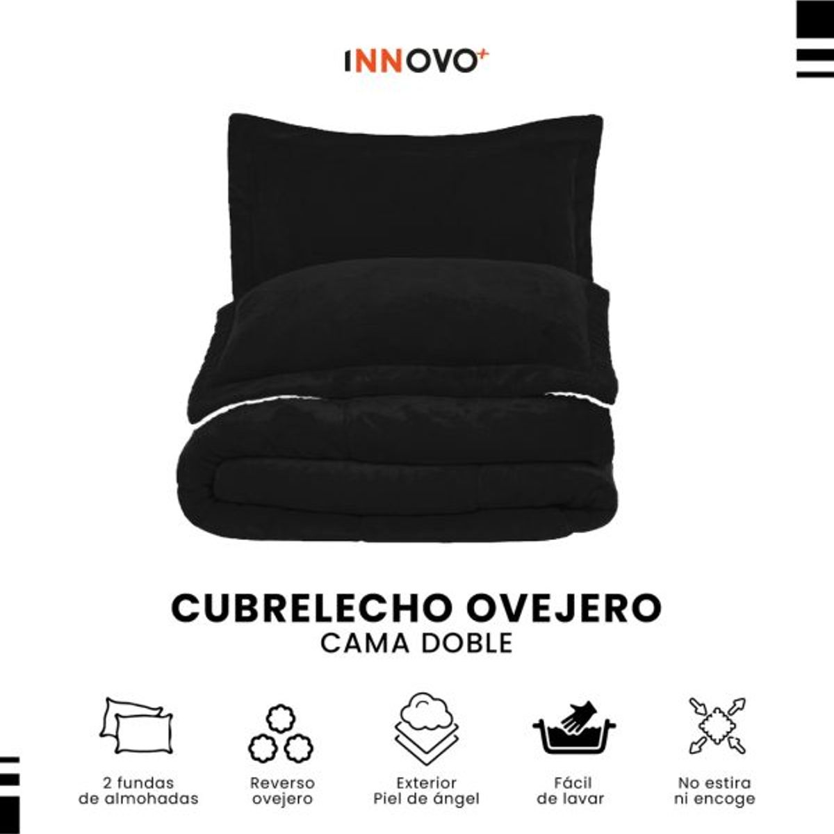 INNOVA - Combo Cubrelecho Térmico Ovejero Doble Funda Negro + 2 Almohadas