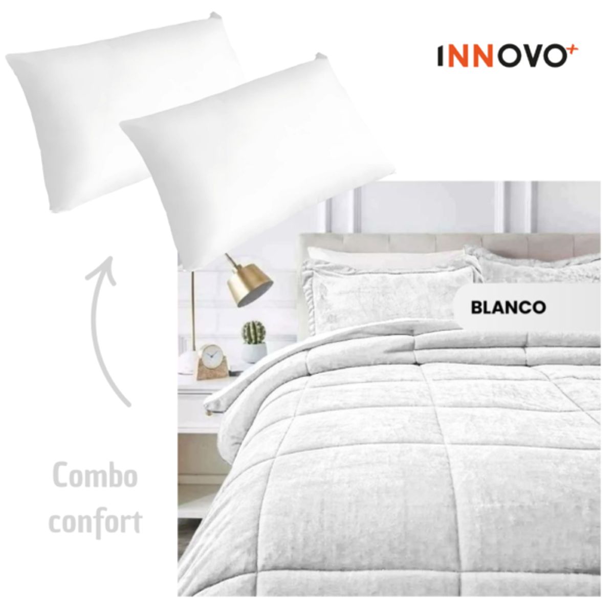 INNOVA - Combo Cubrelecho Térmico Ovejero Doble Funda Blanco + 2 Almohadas
