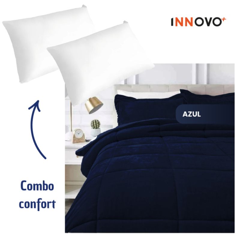 INNOVA - Combo Cubrelecho Térmico Ovejero Doble Funda Azul Oscuro + 2 Almohadas