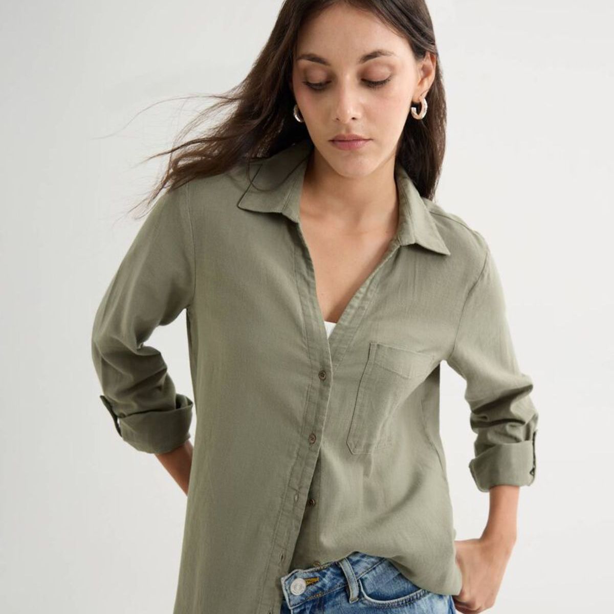 SEVEN SEVEN - Blusa Manga Larga En Efecto Lino  Para Mujer Verde Seven Seven