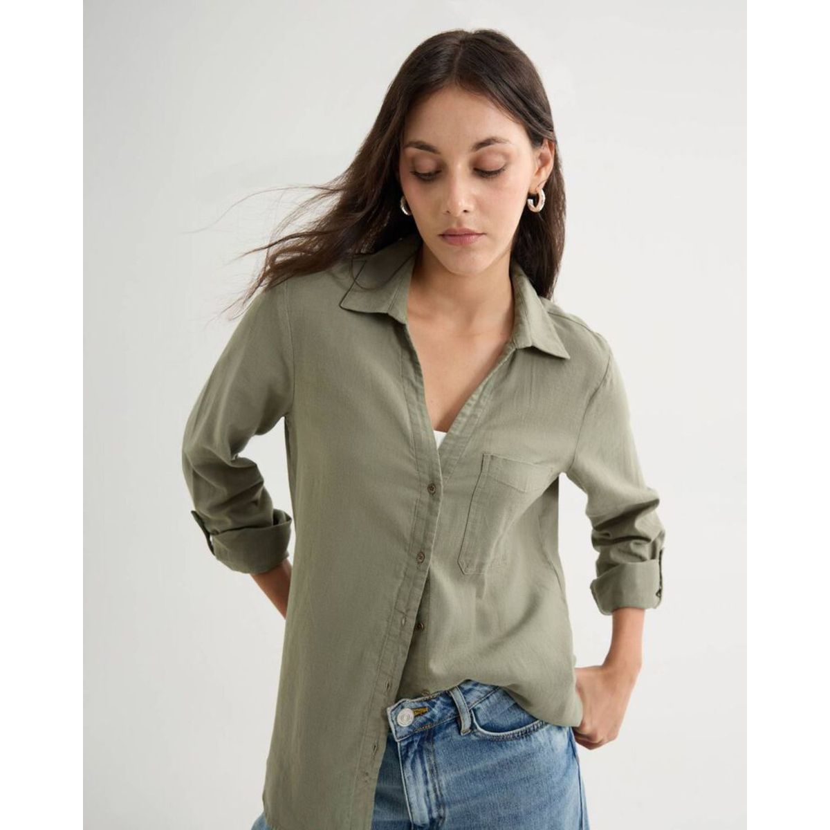 SEVEN SEVEN - Blusa Manga Larga En Efecto Lino  Para Mujer Verde Seven Seven