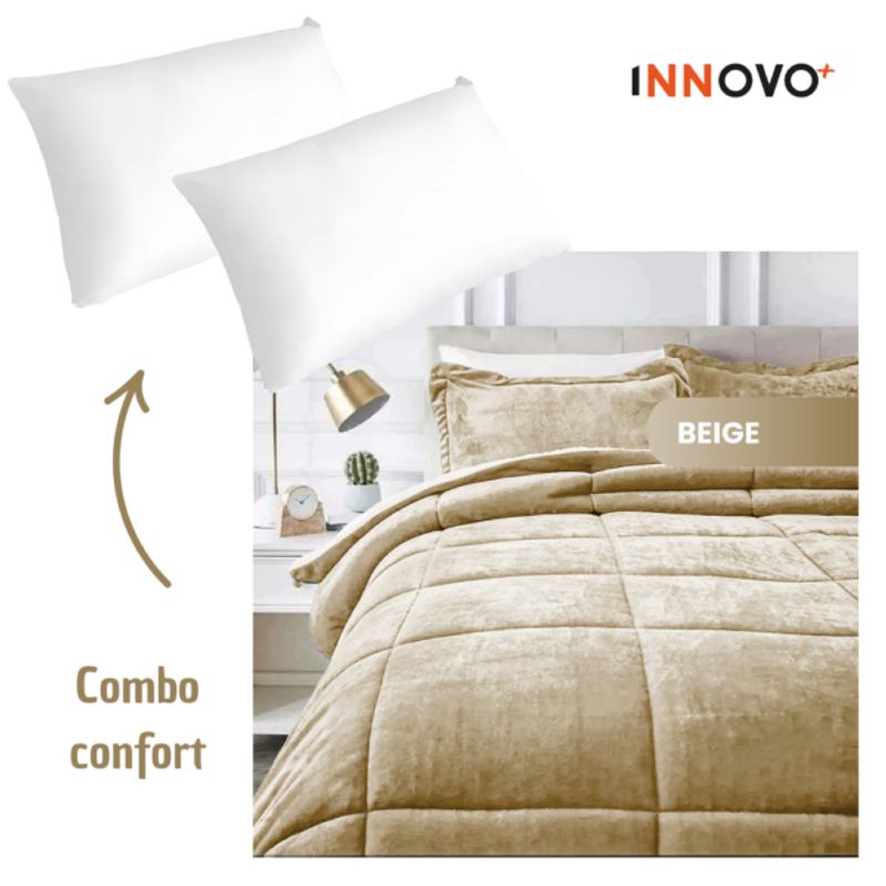 INNOVA - Combo Cubrelecho Térmico Ovejero Doble Funda Beige + 2 Almohadas