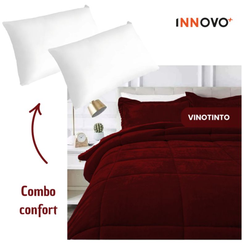 INNOVA - Combo Cubrelecho Térmico Ovejero Doble Funda Vinotinto + 2 Almohadas