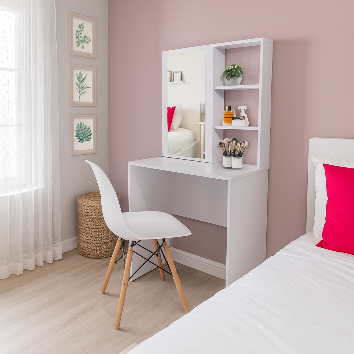 DKO DESIGN - Tocador Mallorca 140x70x40cm Blanco + Silla Blanca