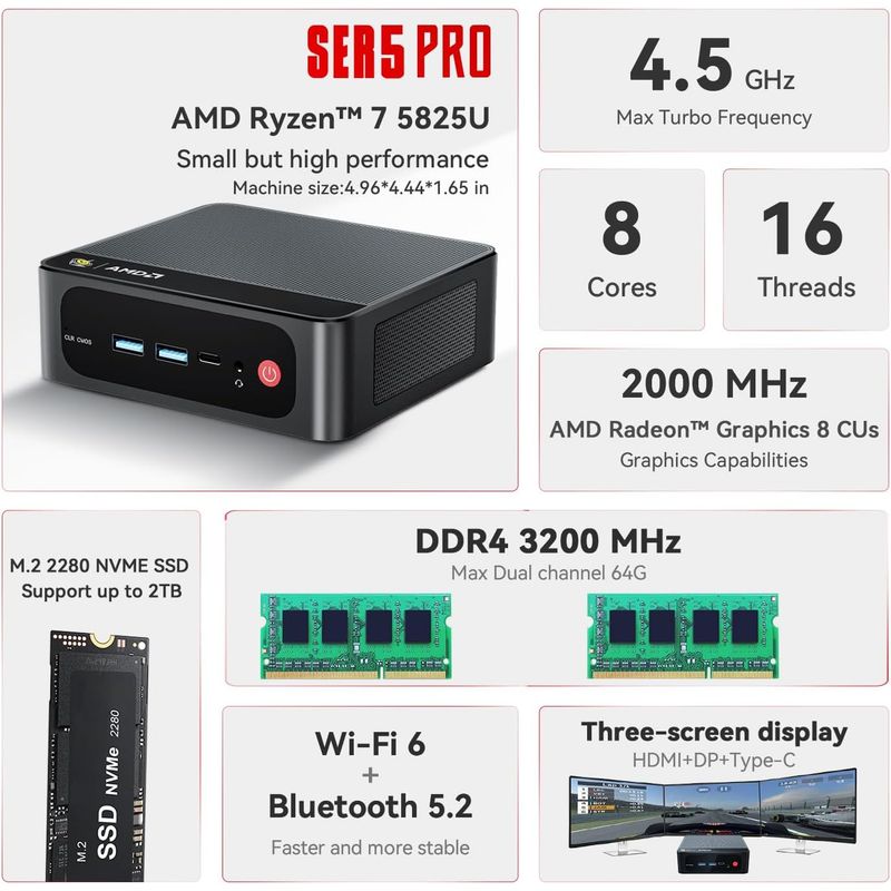 BEELINK - Mini Pc Beelink Ser5 Pro Amd Ryzen 7 5825u Ram32 Ssd500 Wif6