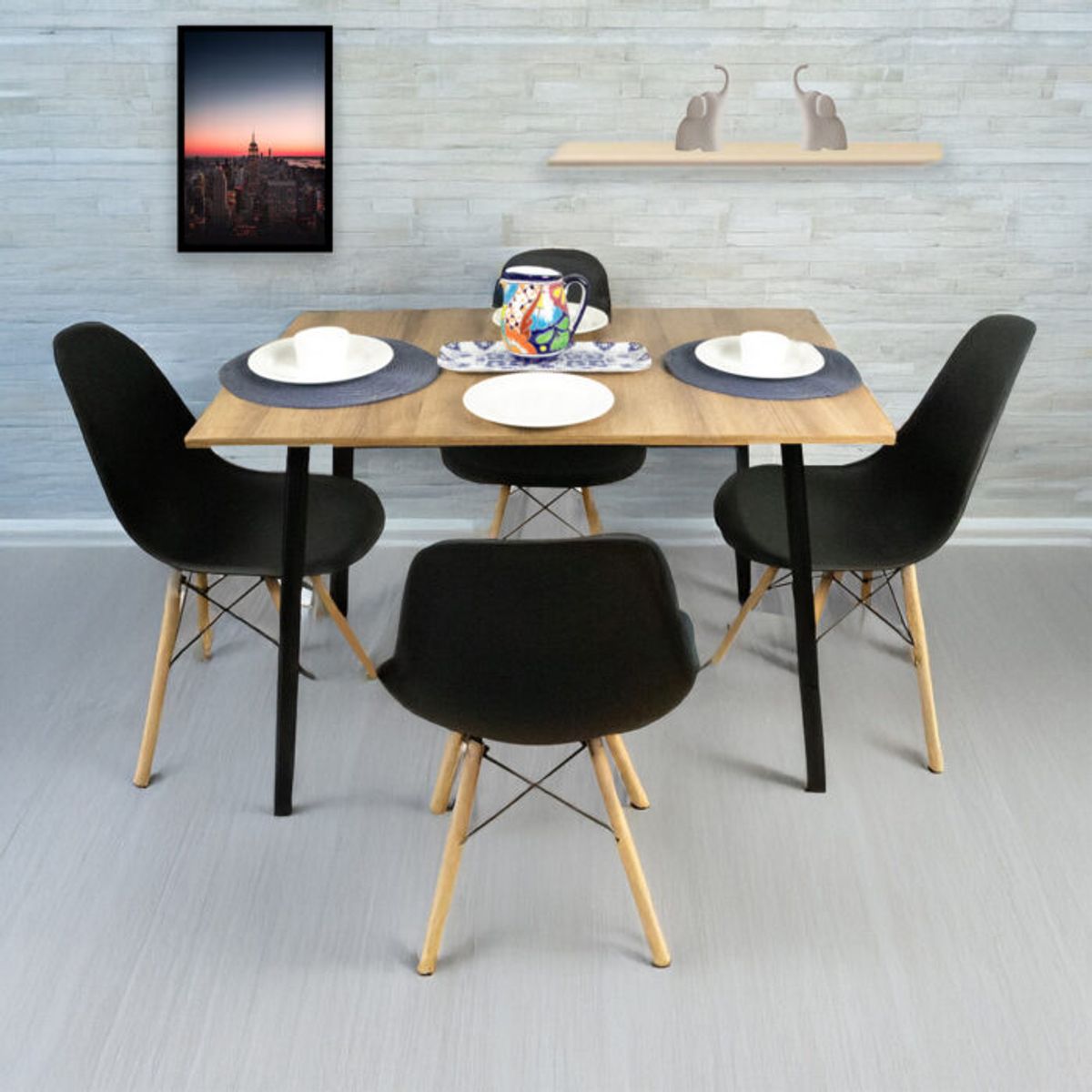 DKO DESIGN - Combo Comedor rectangular 4p (75x110x70) Amaretto + 4 sillas negras