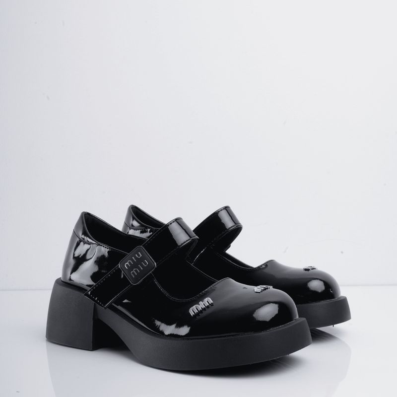 CALZADO ADRENALINA - Mocasines negros en charol de correa y apliques plata katerine