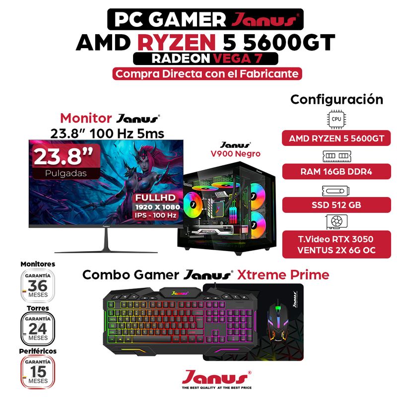 JANUS - Computador Gamer Ryzen 5 5600GT RAM 16GB RGB SSD 512GB RTX 3050 Monitor 24  100Hz