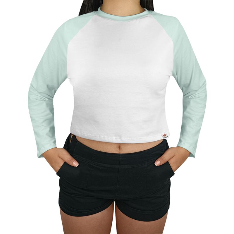 FUERA DEL MOLDE - Camiseta Crop Top Ranglan Manga Larga Premium Blanco Verde Menta