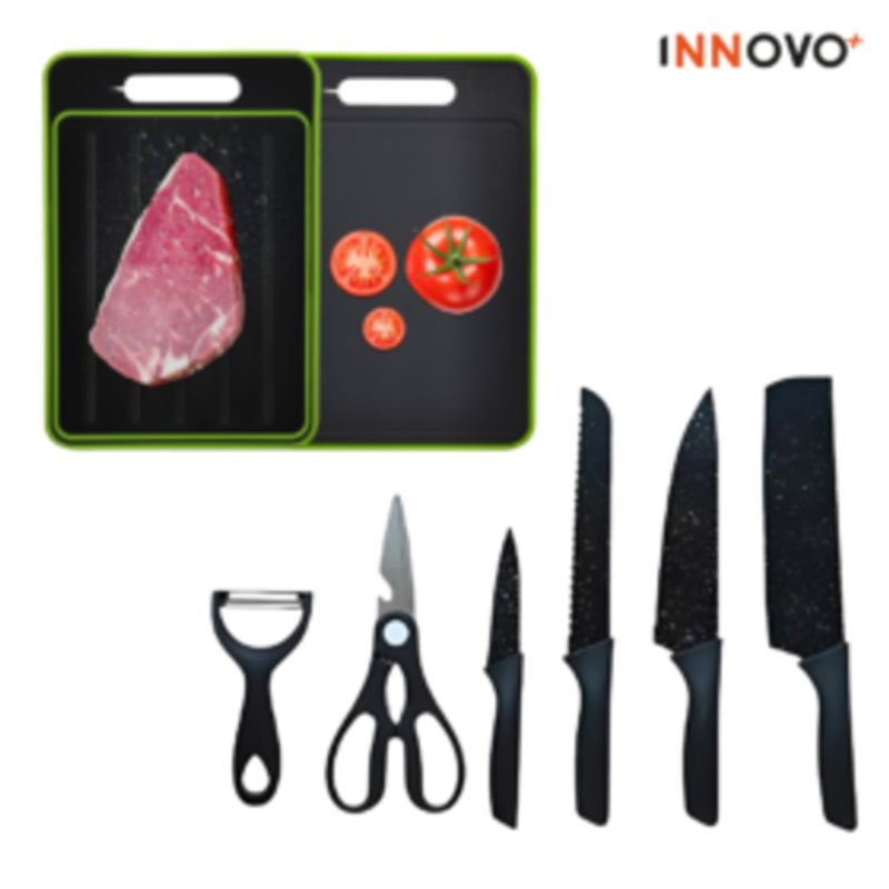 INNOVA - Combo Set Cuchillos Negros + Tabla De Picar Descongelar Carne