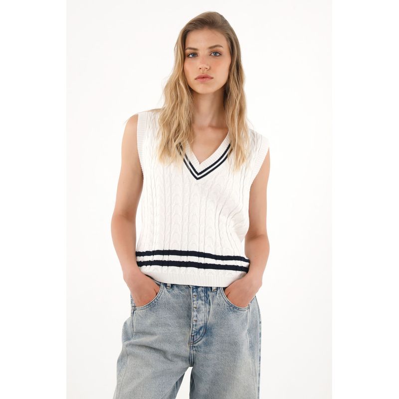 TENNIS - Chaleco crudo tejido con diseño a rayas para mujer