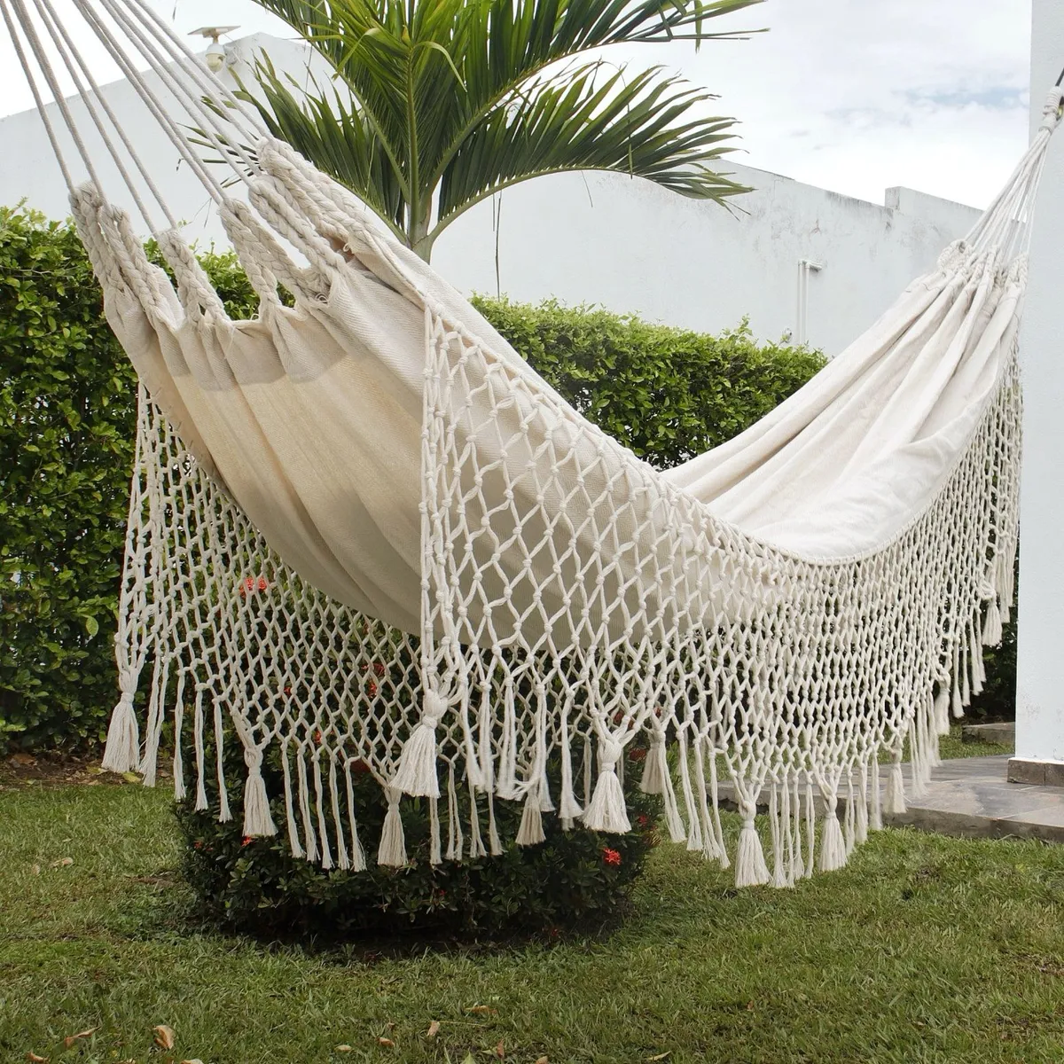 GENERICO - Hamaca Artesanal en Algodón Beige Macramé Borlas