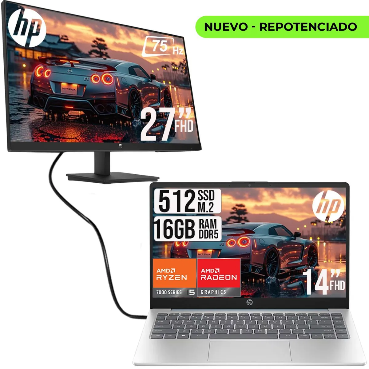 HP - COMBO PORTATIL HP AMD RYZEN 5 7520U SSD 512GB RAM 16GB LED + MONITOR HP 27 FHD
