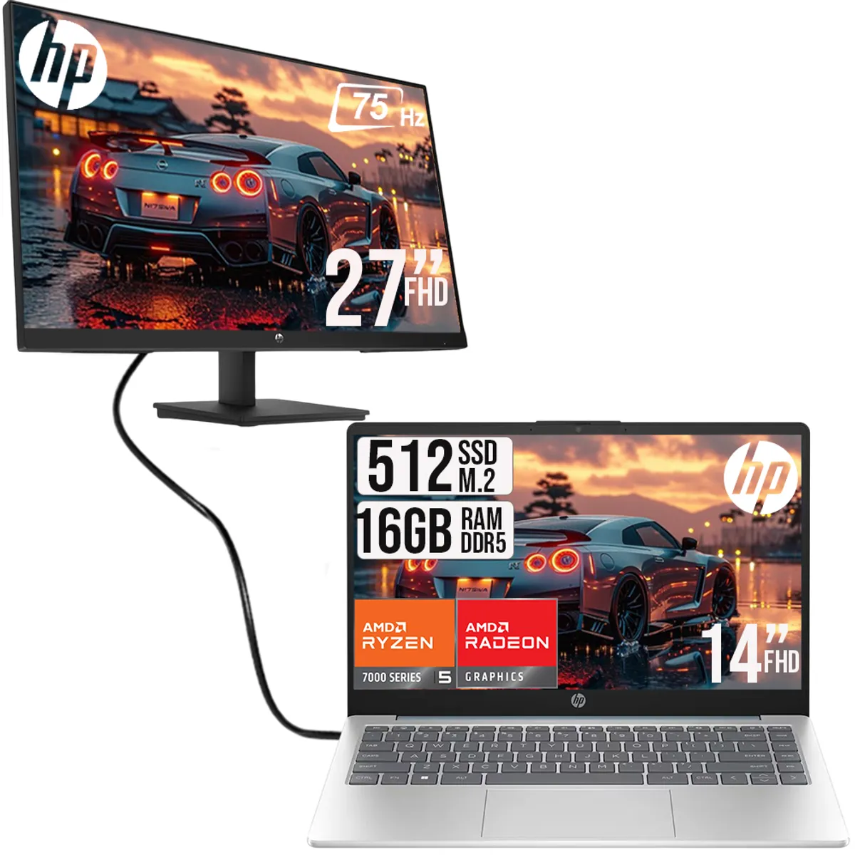 HP - COMBO PORTATIL HP AMD RYZEN 5 7520U SSD 512GB RAM 16GB LED + MONITOR HP 27 FHD
