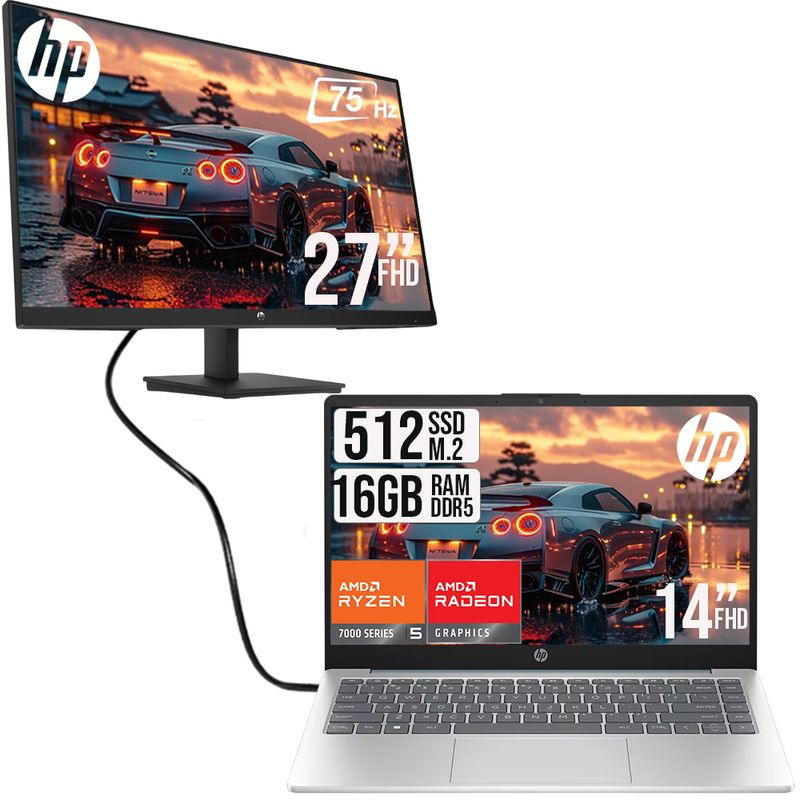 HP - COMBO PORTATIL HP AMD RYZEN 5 7520U SSD 512GB RAM 16GB LED + MONITOR HP 27 FHD
