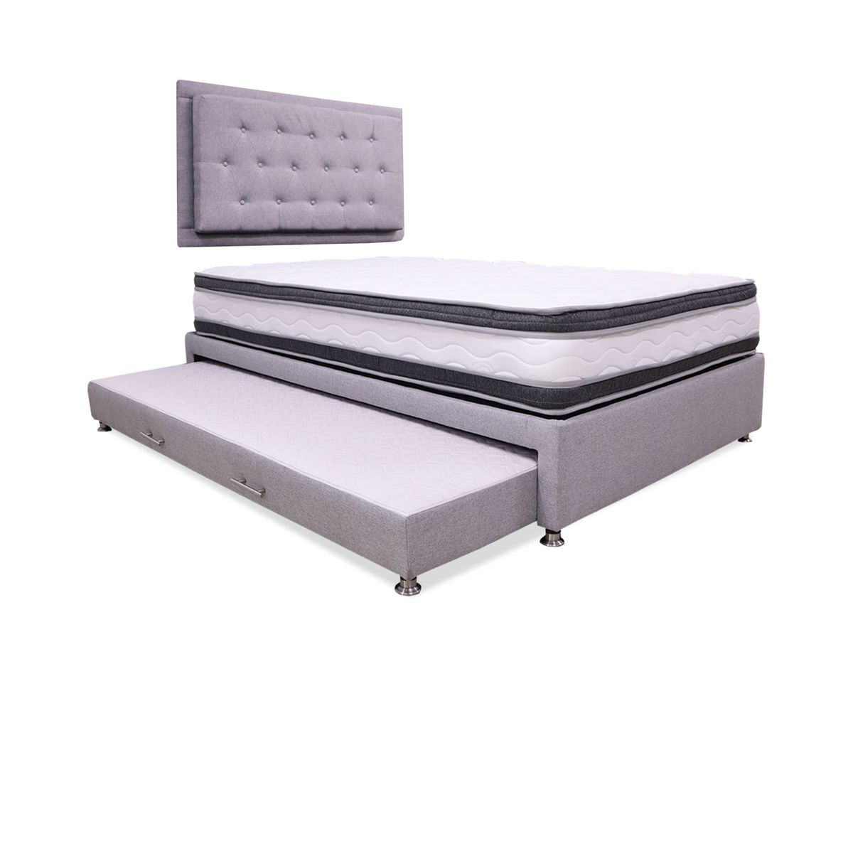 MUEBLES REM - Combo Cama Nido + Colchón Blaser Doble Pillow 140 + Espaldar Gris Claro