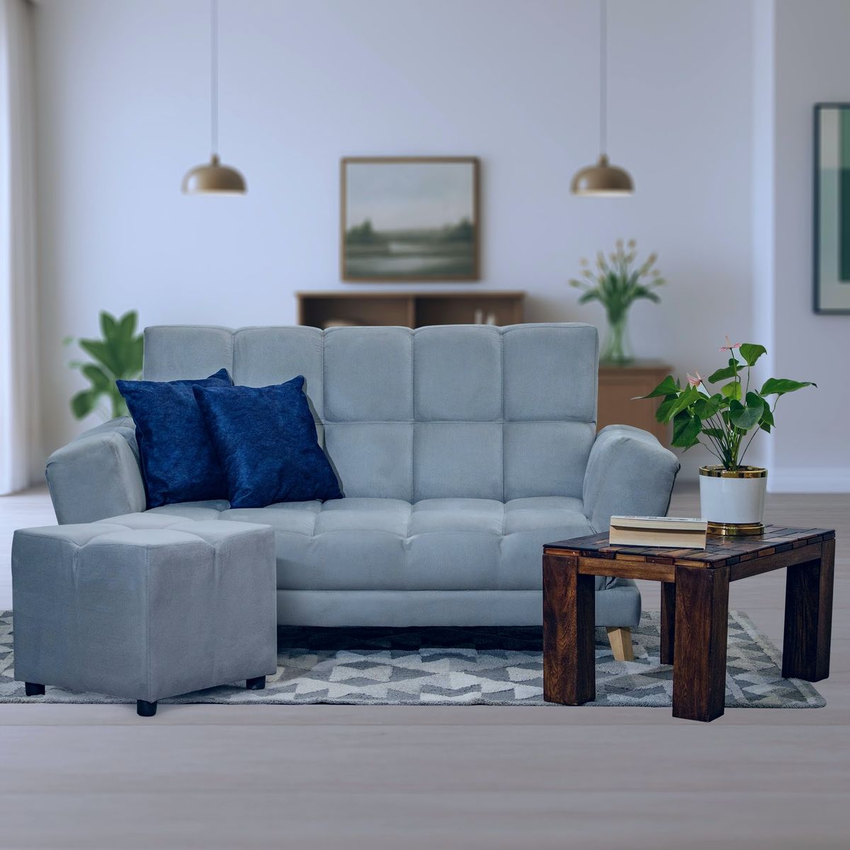 GENERICO - Sofá Cama AMAIKA Tipo Ocean Gris con Cojines y Puff