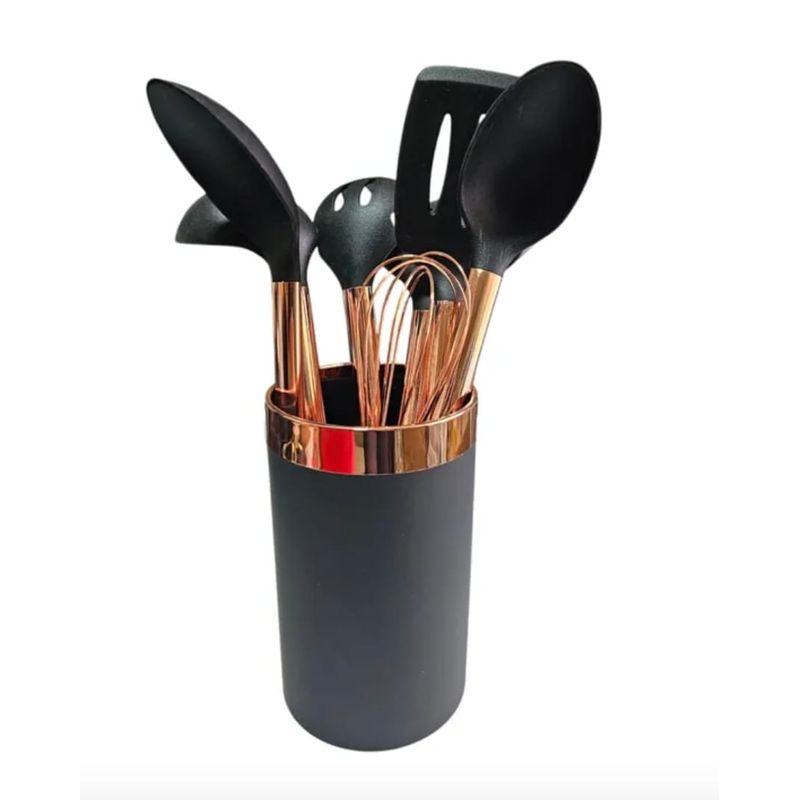GENERICO - Set De Utensilios  Cocina Antiadherentes Silicona 7 piezas Negro Dorado