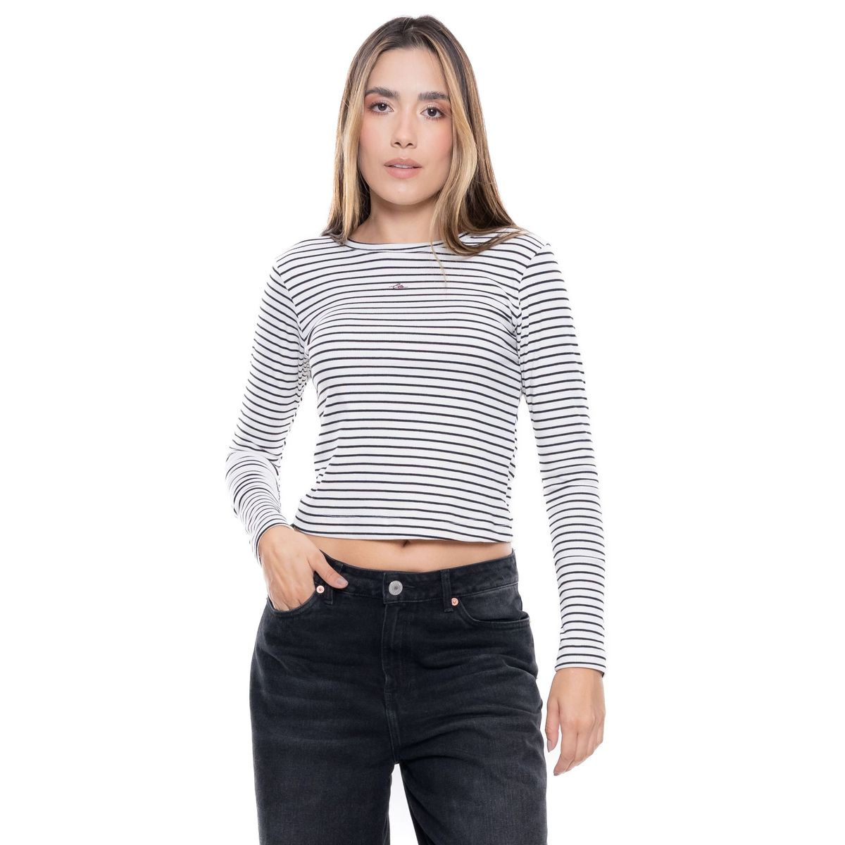 COLOR BLUE - Camiseta Manga Larga A Rayas