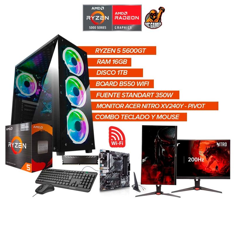 AMD - PC Gamer Ryzen 5 5600GT /RAM 16GB/ SSD 1TB/ Monitor Acer 200Hz PIVOT /B550 Wi-Fi