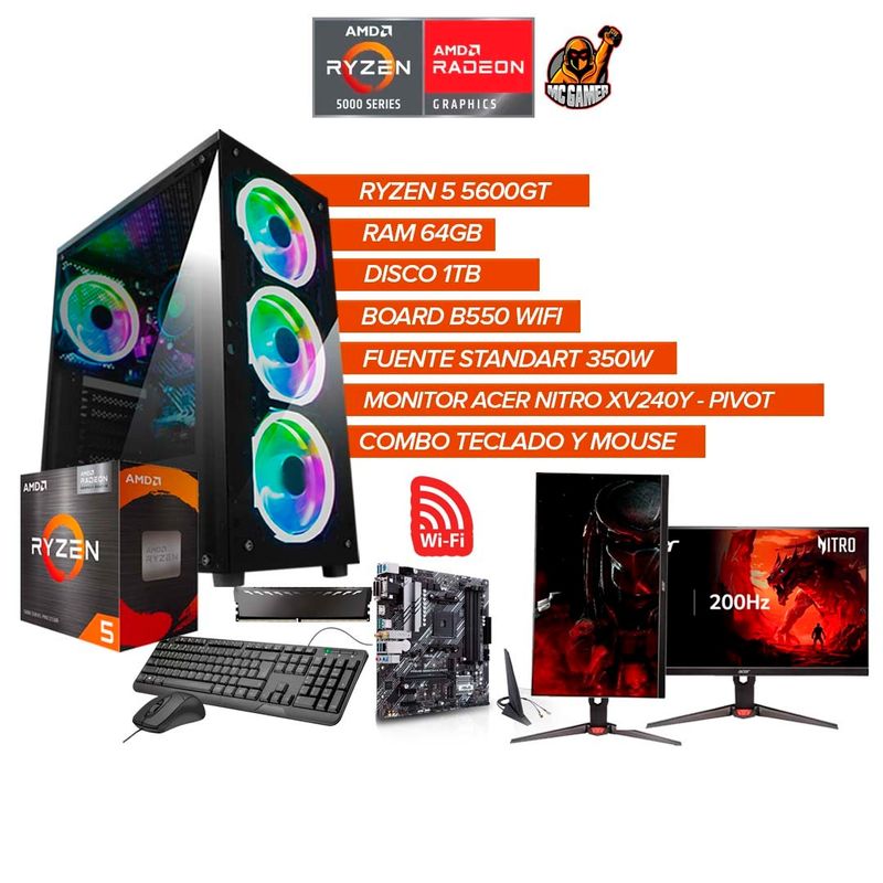 AMD - PC Gamer Ryzen 5 5600GT /RAM 64GB/ SSD 1TB/ Monitor Acer 200Hz PIVOT /B550 Wi-Fi
